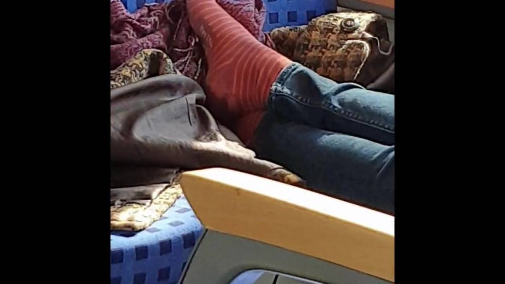 Striped red worn socks in a train - xh.video