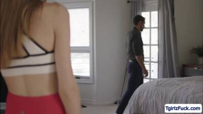 Slim ts Crystal Thayer kneels down to suck stepbros rock hard cock - fetishpapa.com