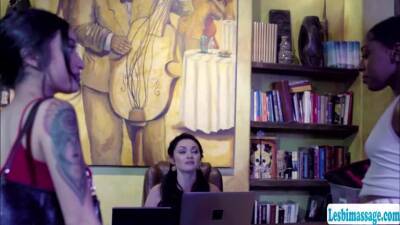 Busty brunette licked by two customer - fetishpapa.com