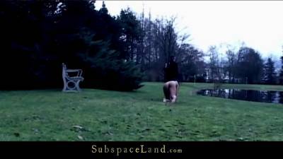 Bombastic brunette gets humiliated in a hard BDSM woods scene - bdsm.one