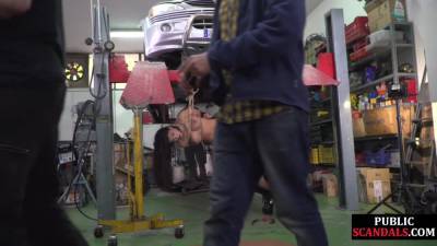 Busty public slut rimming and sucking mechanic cock - txxx.com