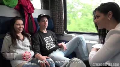 Two girls and two guys are having a foursome in the public train and enjoying it - sunporno.com