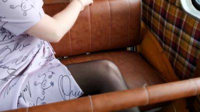 Stinky black pantyhose feet in old school bus foot wors - drtuber.com