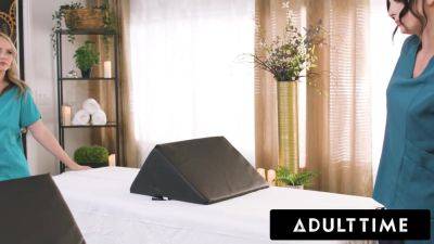 LEZ BE BAD - Oiled Masseuses Charlotte Sins & Lilly Bell Have Hard Scissoring & Rough Strap-On Break - hotmovs.com