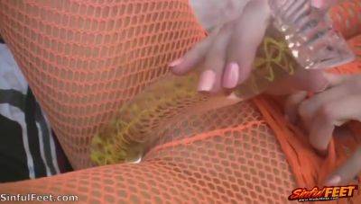 Chloe James Rubs One Out In Orange Fishnets - hotmovs.com