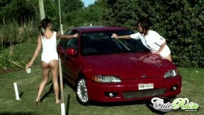 Cute rain gets wet washing car with lesbo - hotmovs.com