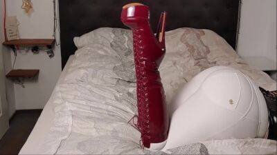 Bwb Missbigbutt Modeling Her Collection Of Boots In White Freddy Pants And Black Shiny Latex Corsage In Bed - upornia.com - Germany