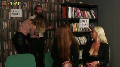 CFNM amateur MILFS enjoy femdom BJ and HJ in the library - txxx.com