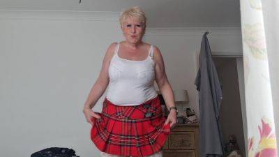 Tartan Skirt Stockings And White See Thru Panties - voyeurhit.com