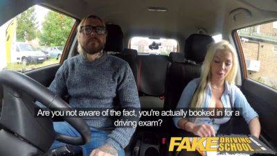 British blonde Barbie Sins craves learner's cum on her test - fake driving school - sexu.com - Britain