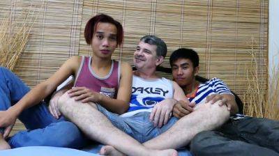 Asia twinks enjoy 3some with white DILF - drtuber.com