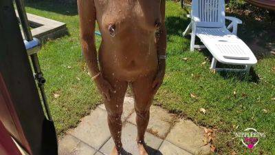 Nippleringlover Huge Pierced Nipples Big Nipple Rings Pierced Pussy Lips Showering Naked In Garden - upornia.com