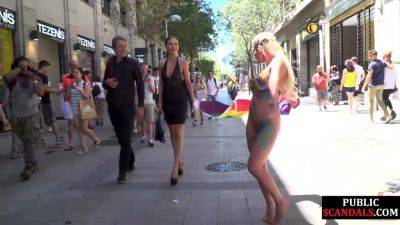 Public slut drinks piss and cum in front of voyeurs - txxx.com