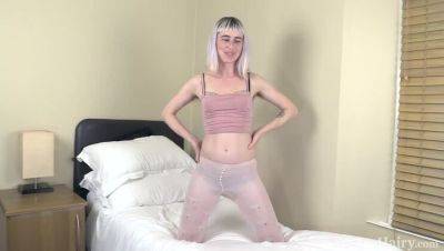 Hairy Blonde Esme, Dressed in Pink, Pleasures Herself in Bed - porntry.com