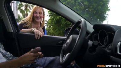 Blonde cutie flashes her nice body and gives me a public handjob - sexu.com