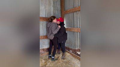 Sexy Lesbian Farmers Kiss And Touch Each Other In The Barn - videomanysex.com