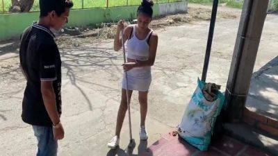 Im Bored Sweeping Outside The House And My Neighbor Invites Me To Fuck So I Accept - hclips.com - Usa