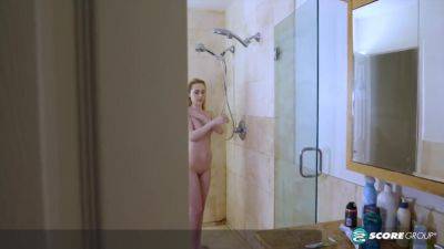 Teenage blonde with a tight body and pencil-eraser nips gets soapy in the shower and fingers her pussy until she cums. - hotmovs.com