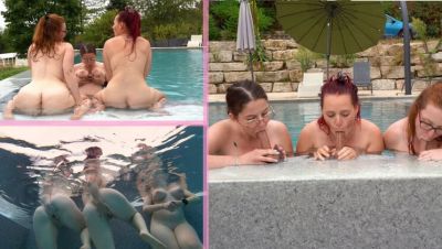 French Lesbian Threesome Pool Fingering with Big Natural Tits and Huge Dildo - porntry.com - India