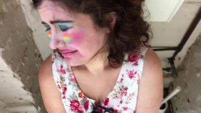 Chubby Sub Gagged and Face Fucked in Toilet, Swallows Cum and Piss - veryfreeporn.com