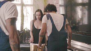 HARDWERK Sexy petite brunette Ana B fucks two repair men - ah-me.com