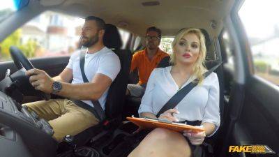 Perfect 10 blonde MILF with great tits and ass gets a cumshot in POV fake driving school - sexu.com - Britain