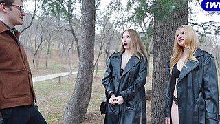 Two exhibitionist girls showed off their hot bodies and seduced a passing stranger - ah-me.com