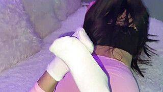 Delicious footjob in leggings and white short socks. Huge cumshot on feet - ah-me.com