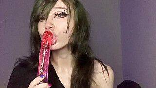 dumb emo spits n explores new gummy worm double dildo - ah-me.com