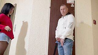 CNFM Pretty girl catches and films old man jerking next to elevator, sucking him and he cums on her - ah-me.com