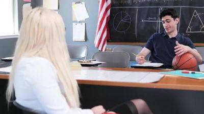 Busty tattooed blonde teacher Karma RX teaches virgin student how to fuck - hotmovs.com - Usa