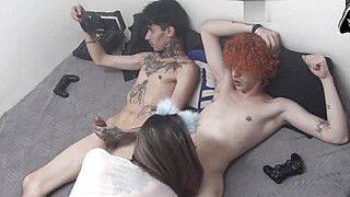 Blonde having sex with two gifted cousins playing FIFA FC is caught on hidden camera - ah-me.com