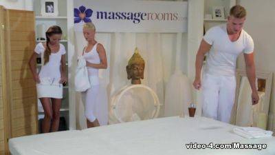 Hot Blonde And Her Friend Offer A Massage To A Brunette - hotmovs.com