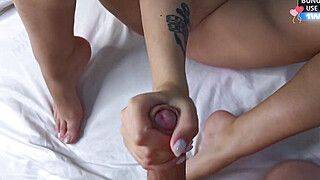 Dirty dark haired in lingerie wants a footjob with cum guzzling - xxx! - ah-me.com