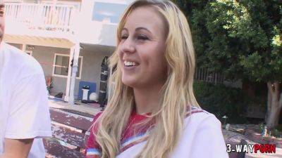 Blonde Cheerleader Fucked Outside By Two Guy - videomanysex.com