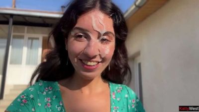 Katty West - Katty West Brunette Blowjob: Outdoor Public Cumwalk with 3 Guys Facial - porntry.com