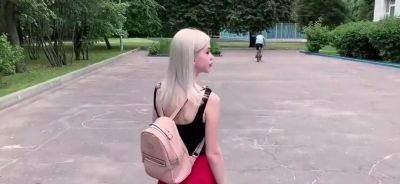 Hot Blonde in Red Skirt Sucks Cock on Balcony - inxxx.com