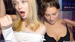 Double Blowjob - Two Slutty Babes Sucking Cock Side by Side - ah-me.com