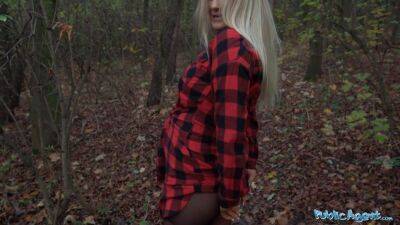 Busty Blonde - Beautiful Busty Blonde takes her clothes off in the woods before fucking - sexu.com
