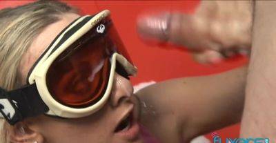 Blonde Julie Robbins spitting on 2 cocks - alphaporno.com