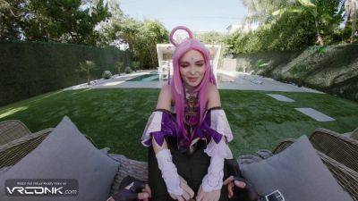 Pink haired Lilly in costume throats and rides his cock pov - anysex.com