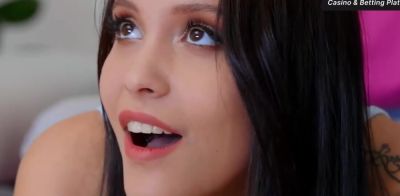 Busty dark-haired in a crimson dress likes to deep-throat his giant dick and showcase off her hefty boobs - ah-me.com