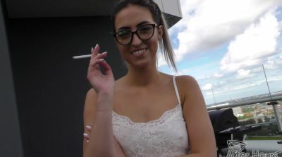 Blond babe Alyssa strokes her smooth shaven snatch in a steamy sauna - alphaporno.com