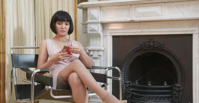 Sultry Black-Haired MILF in Lacy Lingerie Strokes to Fake Titties Moans on Chair - alphaporno.com