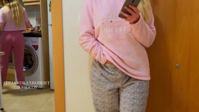 Young blonde masturbates in the kitchen while her stepsister is nearby - yesvids.com