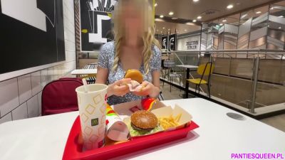 Blonde flashes shaved pussy and masturbates under restaurant table - yesvids.com