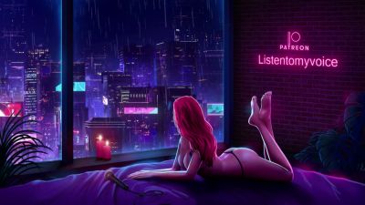 Pink-haired fantasy girl teases in a moody bedroom lit by neon and candlelight - yesvids.com