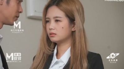 Asian office worker in black suit gets oral and doggy-style on leather couch - yesvids.com