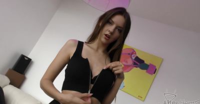 Teen Rebeka Ruby's solo play on a plush sofa, spicy toy in hand and those shaven gems gleaming - alphaporno.com