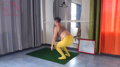 Regina Noir stretches in yellow leggings during a private yoga session at the gym - yesvids.com